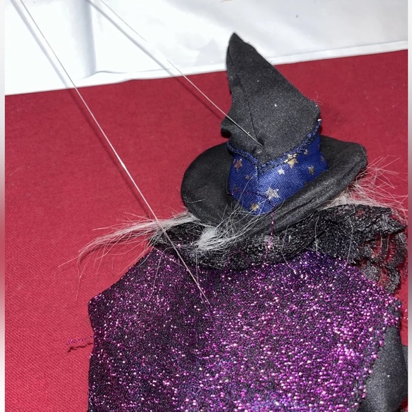 GANZ WITCH scary DOLL 15” Purple Cape Black Hat Gold Star Dress ON BROOM creepy - Picture 8 of 11